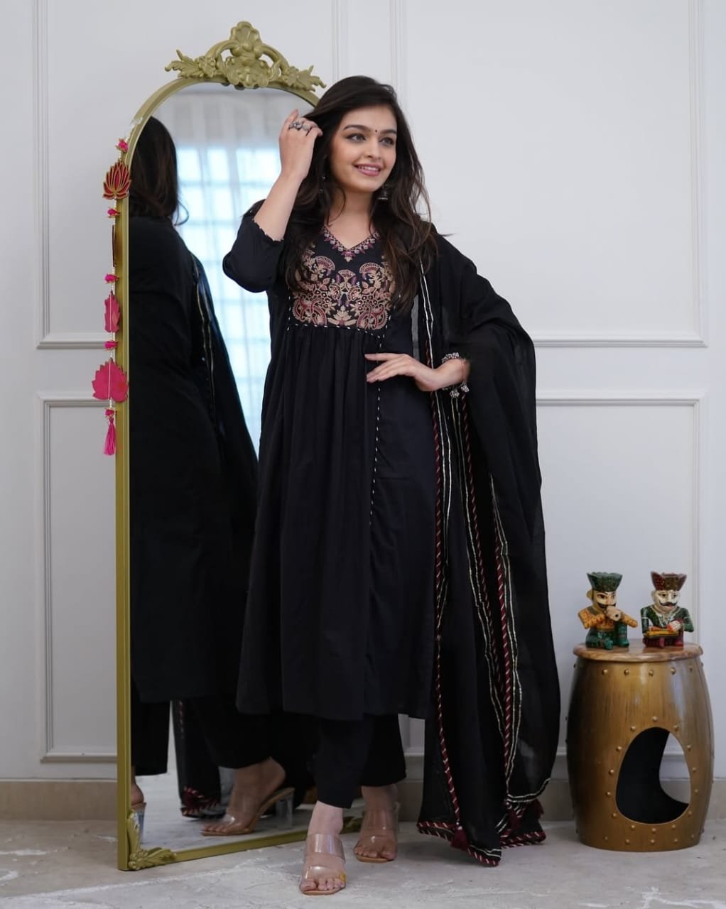 Black Natra Cut Embroidered Kurta Set